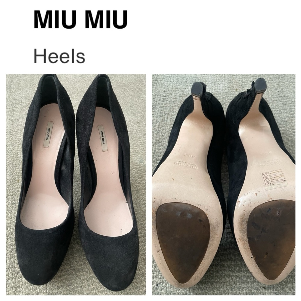 MIU MIU Women’s Black Suede Platform Heels With Ruched Design